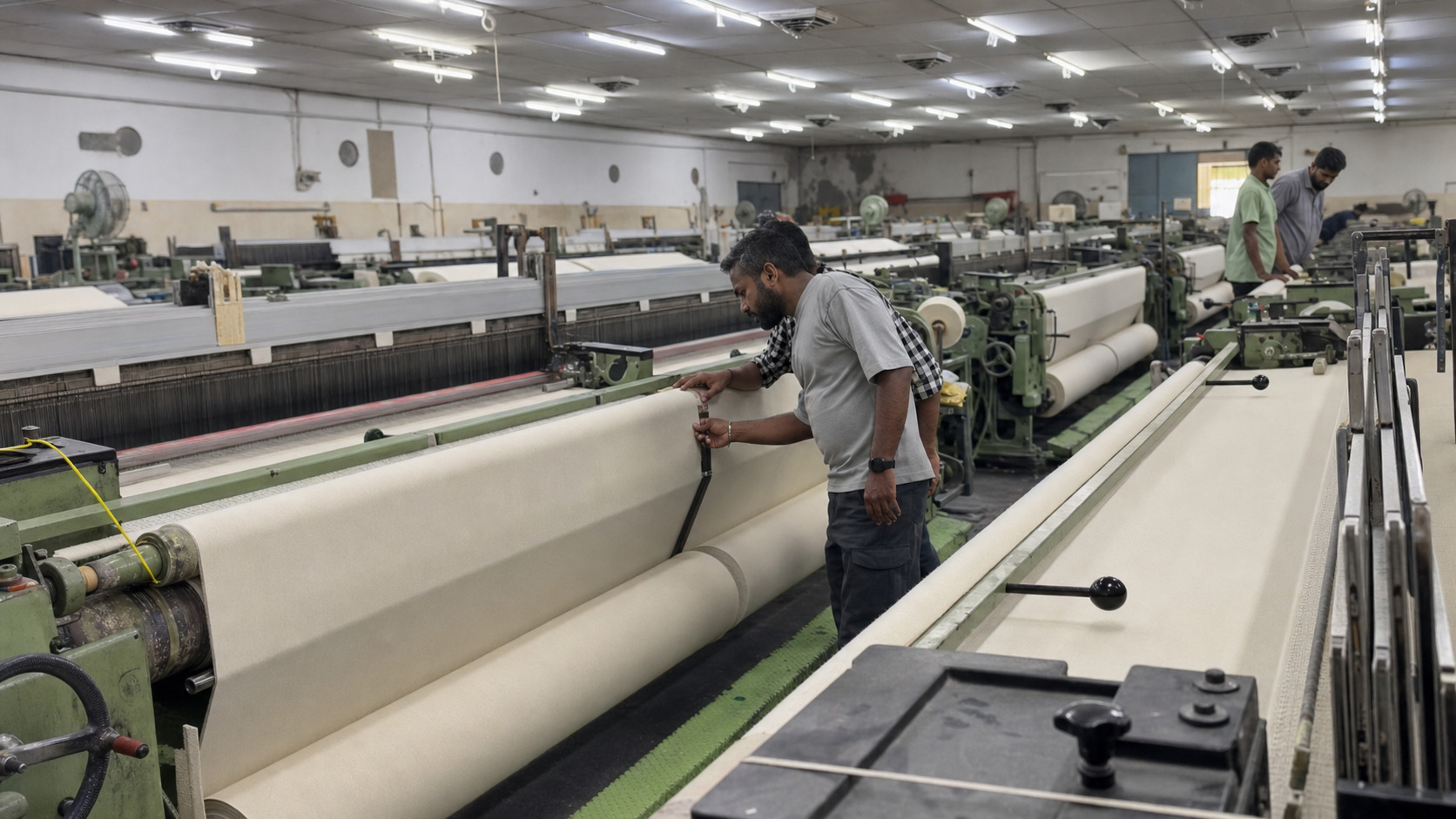 In-process cotton fabric inspection taking place on a weaving loom
